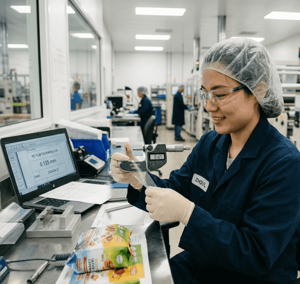 Gusseted bags for food packaging quality check with digital micrometer