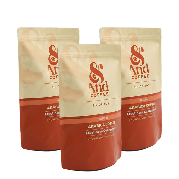 Custom Zipper Pouches displaying And Coffee brand packaging for Arabica coffee with freshness guarantee.