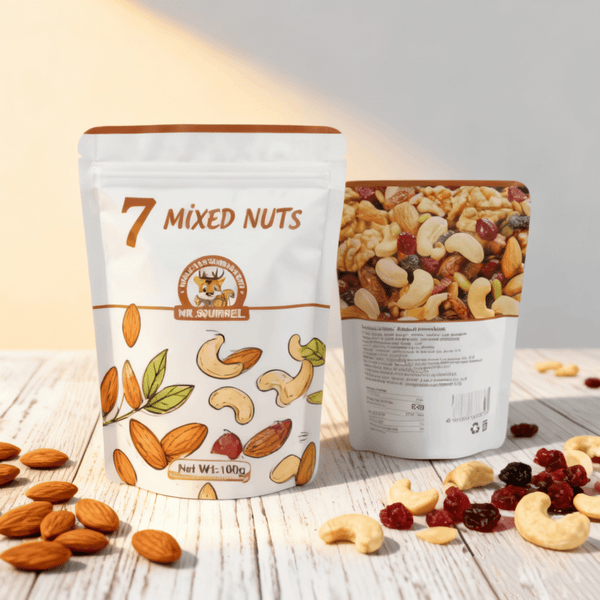 Premium mylar bags for food packaging filled with organic nuts and dried fruit.