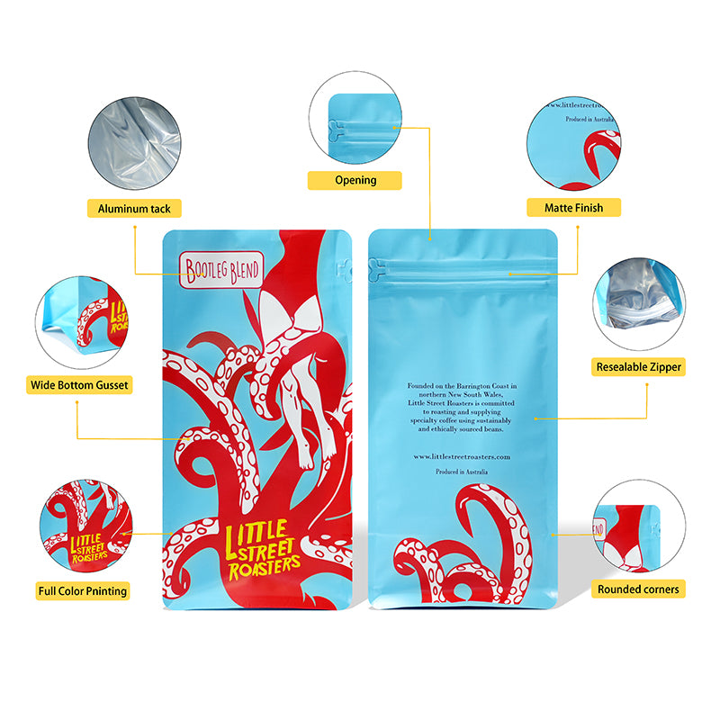 Custom Square Bottom Stand Up Pouch With Zipper Reclosable For Coffee Beans Nuts Seeds Snacks