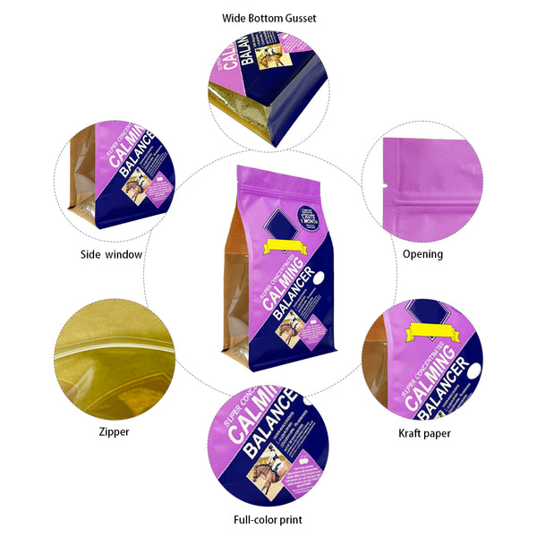 Customized Resealable Flat Bottom Packaging Bag Pet Dog Food Cat Food Stand up Pouch with Transparent Side Window