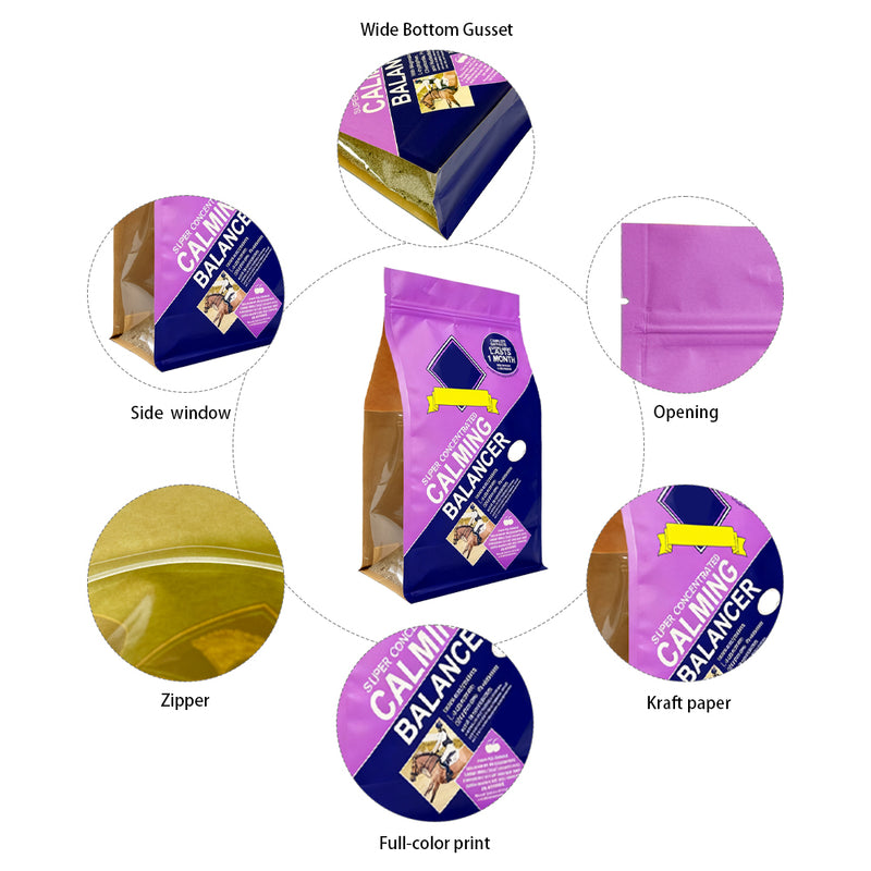 Customized Resealable Flat Bottom Packaging Bag Pet Dog Food Cat Food Stand up Pouch with Transparent Side Window