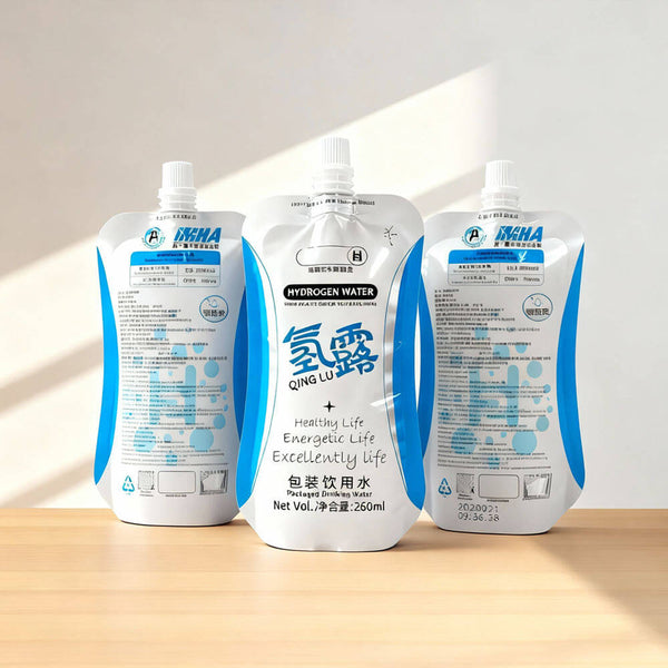 Custom printed food grade liquid spout pouch standing on table