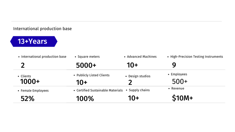 Infographic showcasing key company metrics, including production base, clients, employees, and revenue.