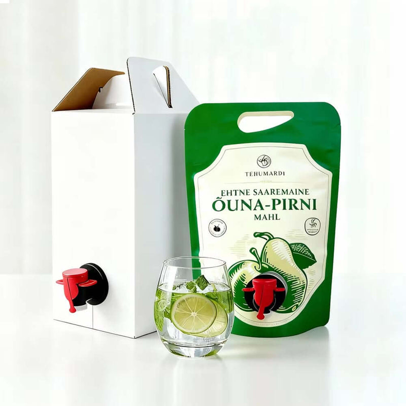 Aluminized plastic wine beverage spout pouch with wide bottom gusset and tap valve