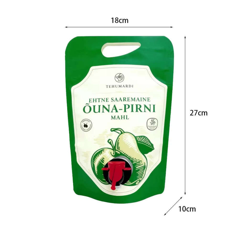 Green stand up liquid packaging pouch with handle and dispensing spout