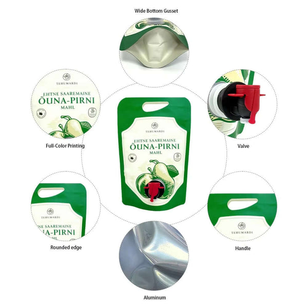 Aluminum laminated wine storage pouch showing full color printing and rounded edges