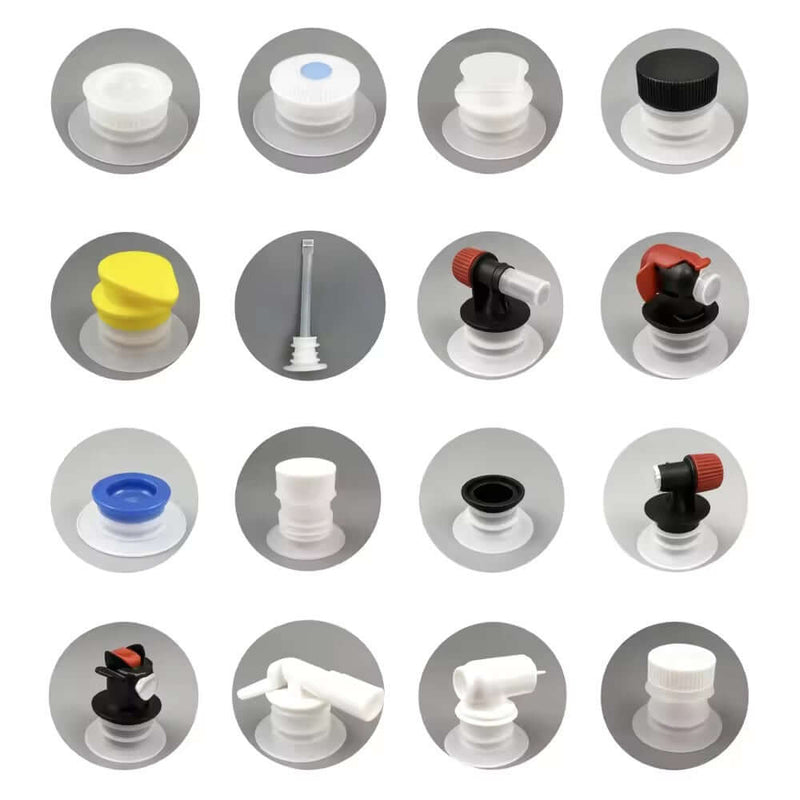 Multiple plastic spout and tap valve options for beverage spout pouch packaging