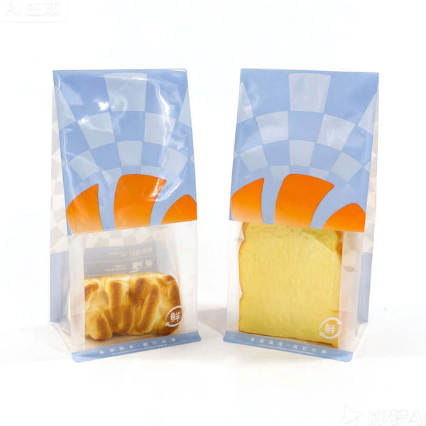 square block bottom gusset bread bag standing upright for retail display