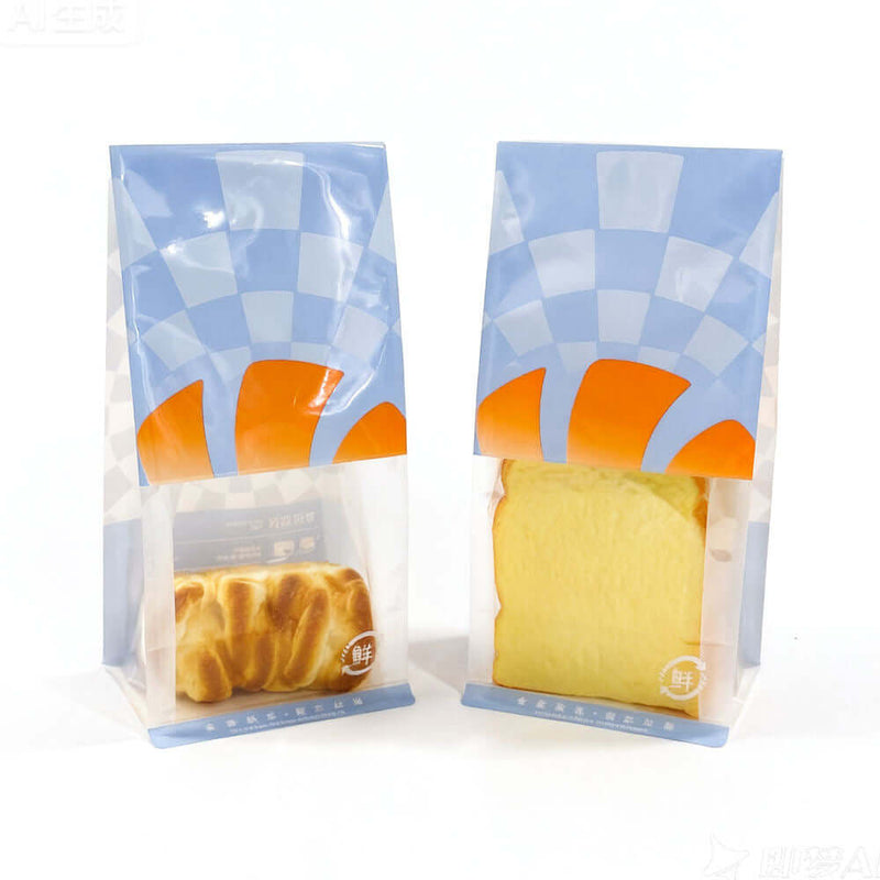 square block bottom gusset bread bag standing upright for retail display