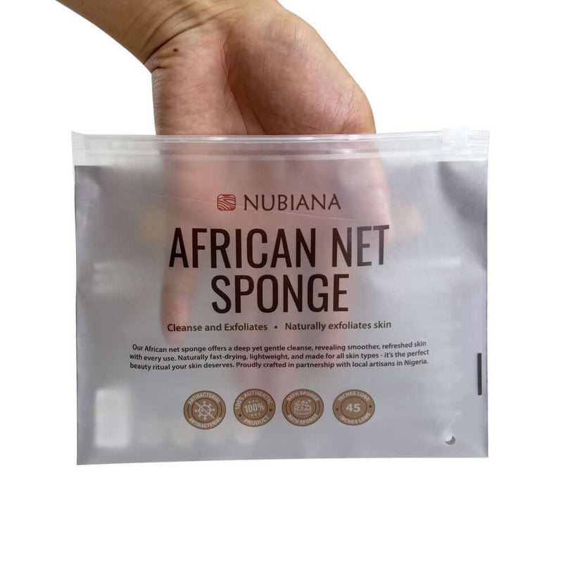 clear plastic garment packaging bag showing african net sponge inside