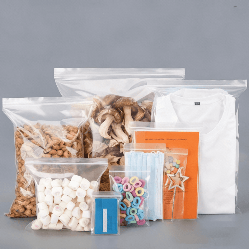 transparent zip lock pe bags in multiple sizes on white background