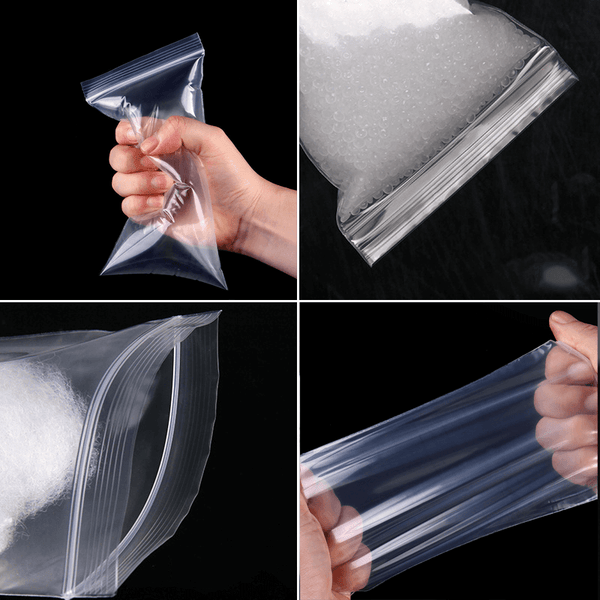 thick clear pe plastic self sealing bag held by hand for strength test