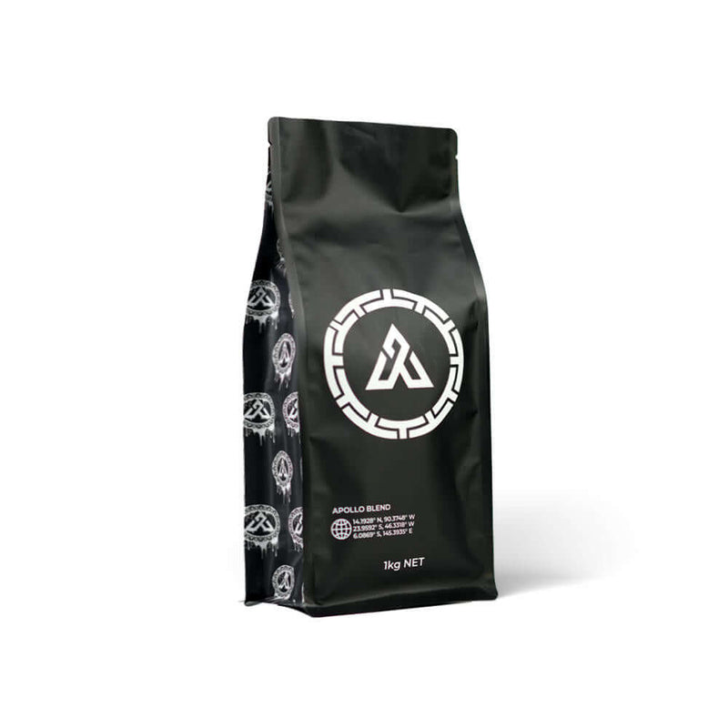 Side view black flat bottom coffee bag with zipper and printed details