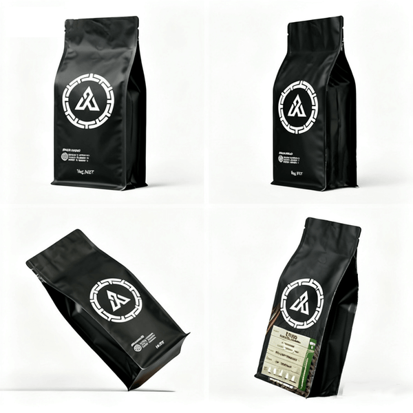 Multiple angles of black flat bottom coffee pouch with zipper closure