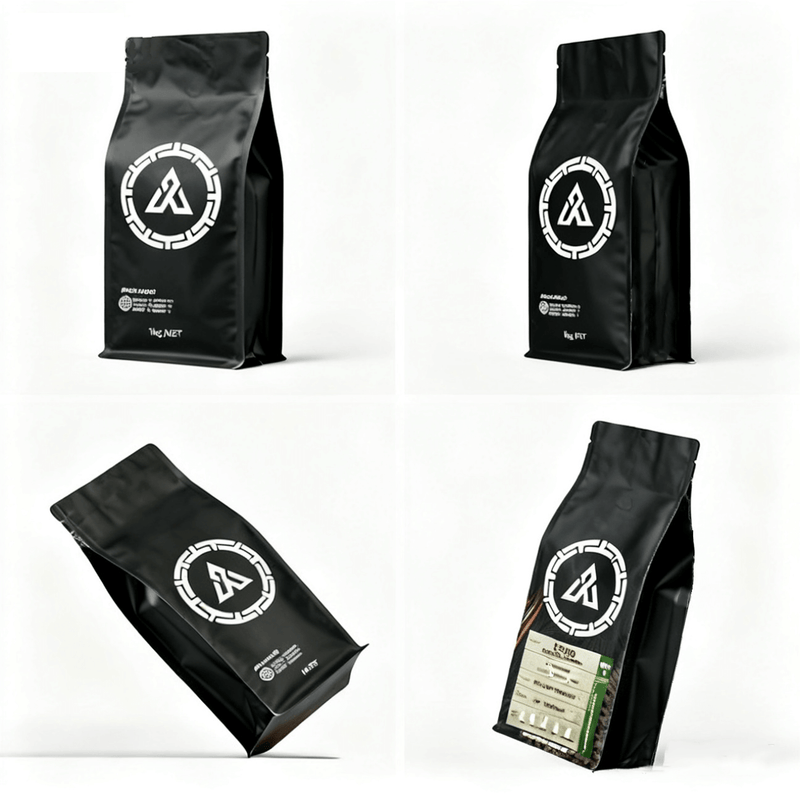 Multiple angles of black flat bottom coffee pouch with zipper closure