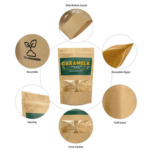 PLA compostable kraft stand up pouch with resealable zipper