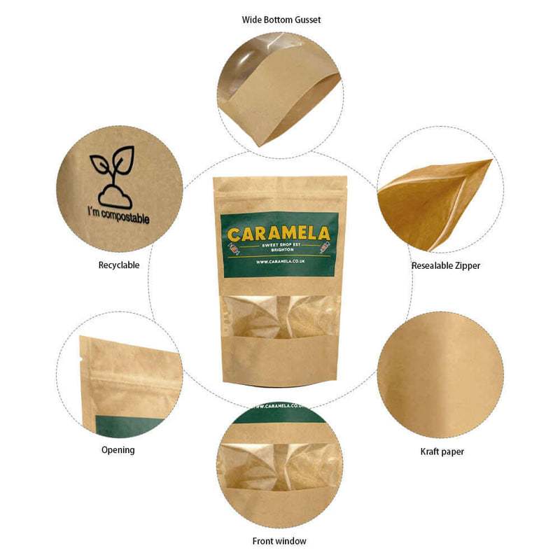 PLA compostable kraft stand up pouch with resealable zipper