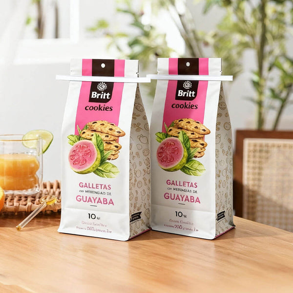 Custom cookie packaging pouch with box bottom and guava cookie artwork