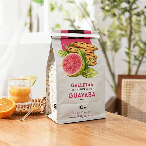 Side view of guava cookie stand up pouch with eight side seal structure