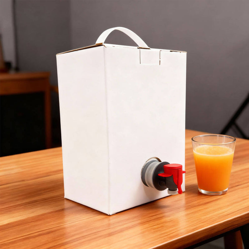 White carton box with tap for liquid bag in box storage and dispensing