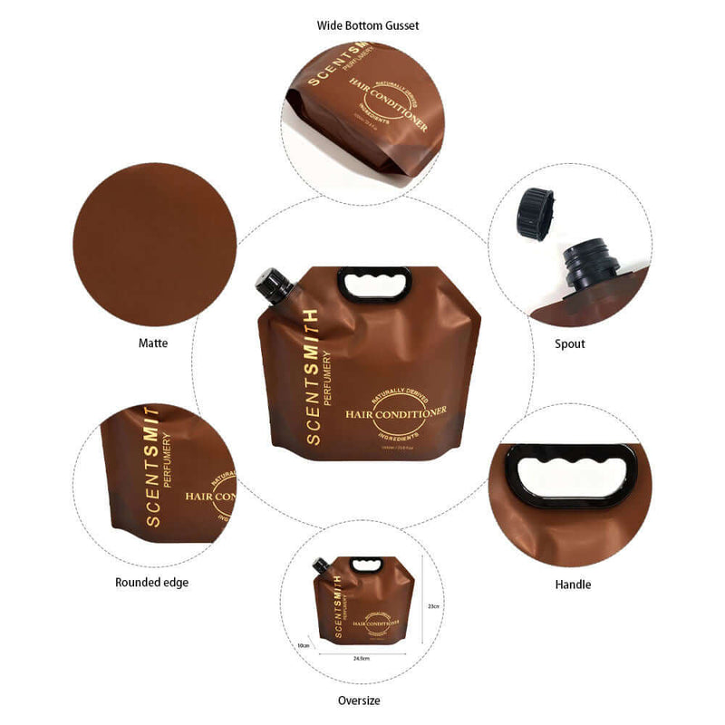 detail view of matte spout liquid packaging pouch with screw cap and bottom gusset