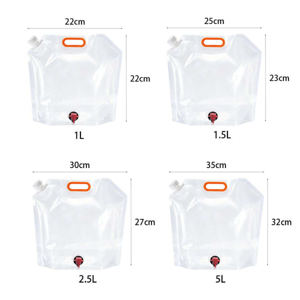 Size comparison chart of transparent BIB dispenser pouches in 1L, 1.5L, 2.5L and 5L capacities