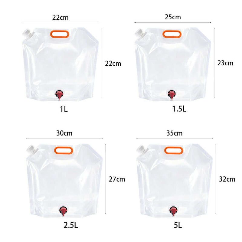 Size comparison chart of transparent BIB dispenser pouches in 1L, 1.5L, 2.5L and 5L capacities