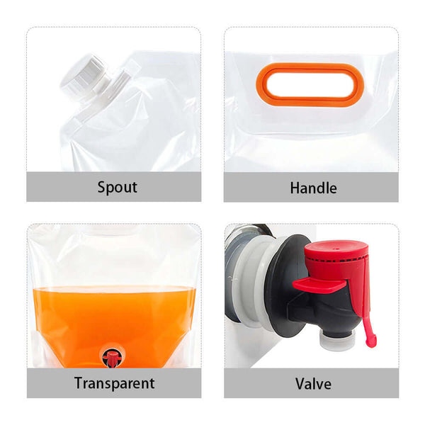 Detail close-ups of BIB pouch spout, handle, transparent body and red bottom dispensing valve
