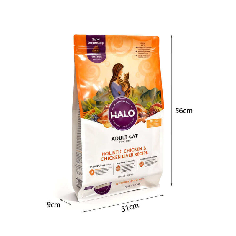 Custom pet food packaging bag with size dimensions and flat bottom base