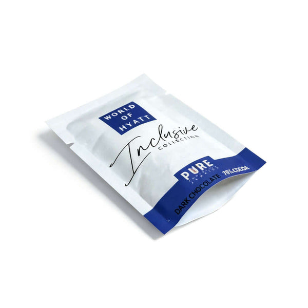 Custom printed chocolate pouches with brand logo in white and blue design
