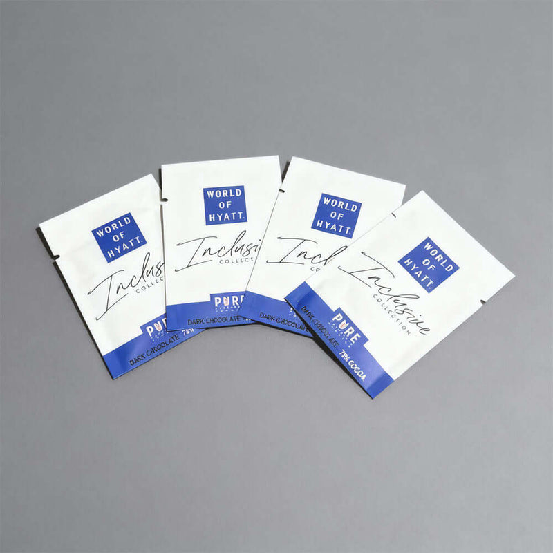 Flat pouch chocolate packaging with resealable design for dark chocolate