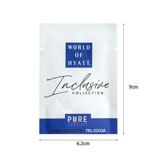 Branded chocolate pouch with dimensions showing 6.2cm x 9cm compact size