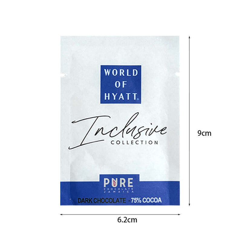 Branded chocolate pouch with dimensions showing 6.2cm x 9cm compact size