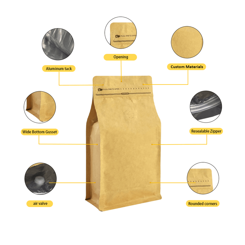 custom coffee bean packaging bags with valve and flat bottom base