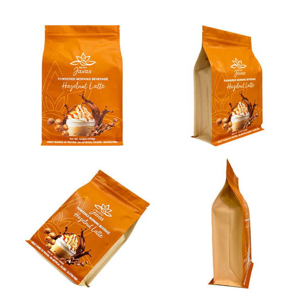 Multi-angle view of resealable coffee mylar ziplock pouch