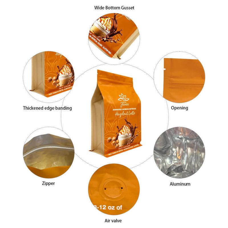 Wide bottom gusset detail of coffee mylar packaging pouch