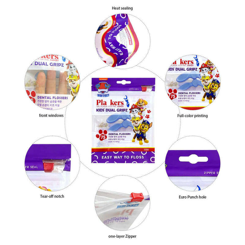 Detail collage of dental floss zipper bag showing window, zipper, tear notch and full-color printing