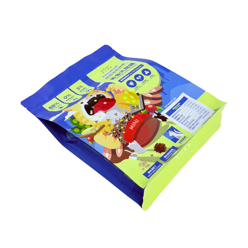  Angled view of printed box bottom zipper pouch showing stable standing structure and tear notch