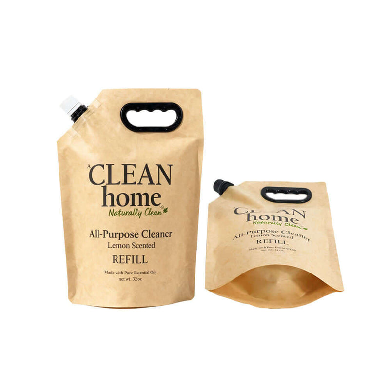 Kraft paper spout pouch with black handle for liquid cleaner refill