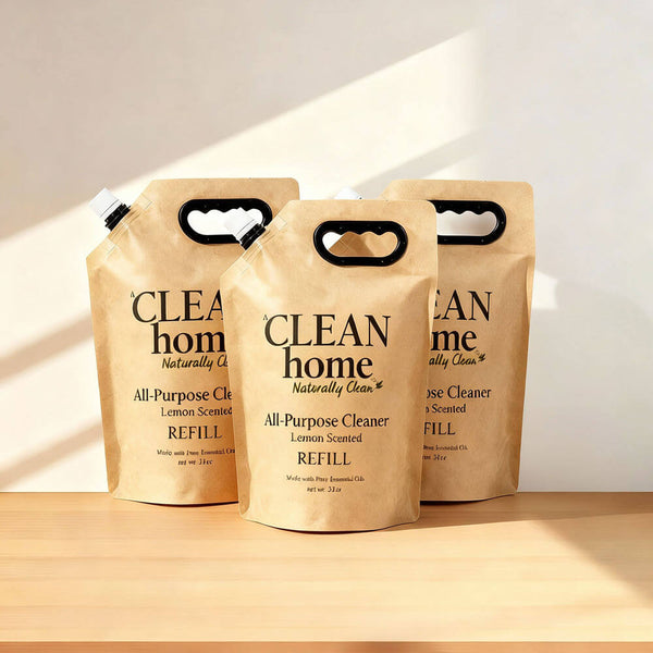 Three kraft paper spout pouches with handles standing on wooden shelf