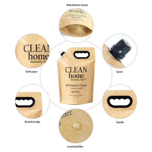 Detail view of kraft paper spout pouch showing spout, handle, wide bottom gusset and laminated film