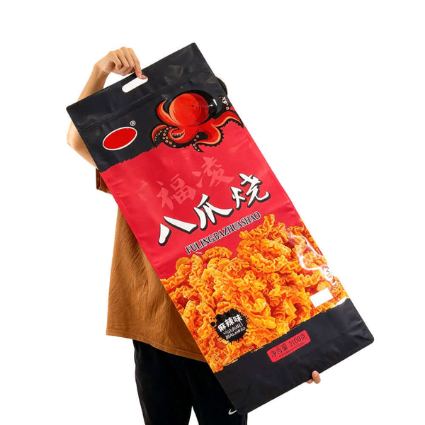 Large aluminum foil ziplock snack pouch with handle and full-color print