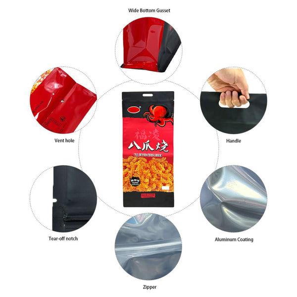 Wide bottom gusset, handle and zipper details of aluminum foil pouch