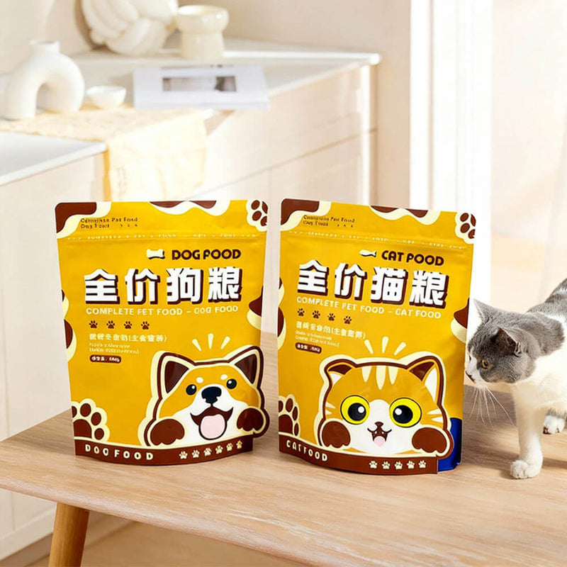 Resealable pet food packaging pouch with wide bottom gusset