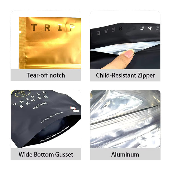 Stand up mylar bag with wide bottom gusset for small volume packaging