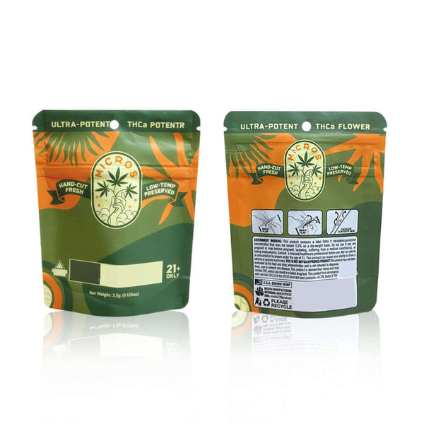 Front and back view of custom printed laminated mylar pouch