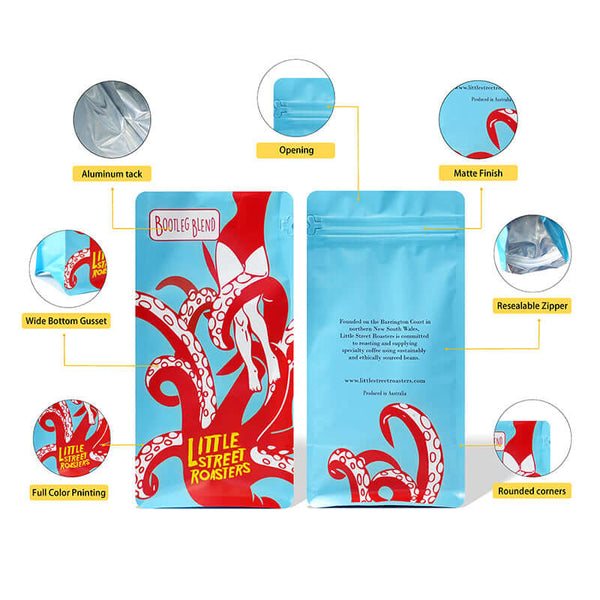 front and back view of custom square bottom stand up pouch with zipper