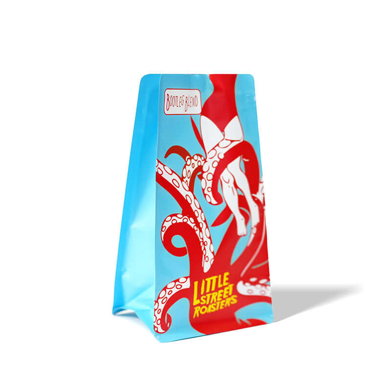 angled view of custom printed square bottom stand up coffee pouch