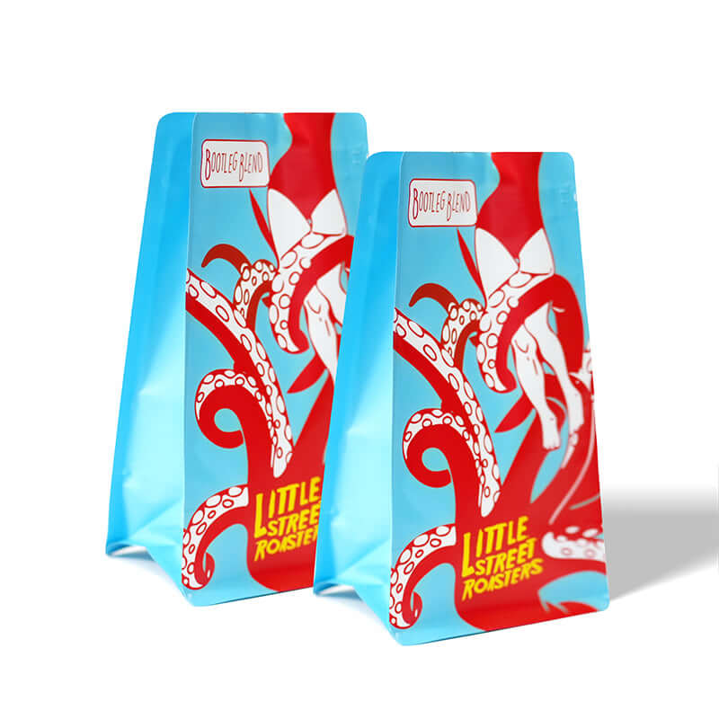 two custom printed square bottom stand up pouches with zipper